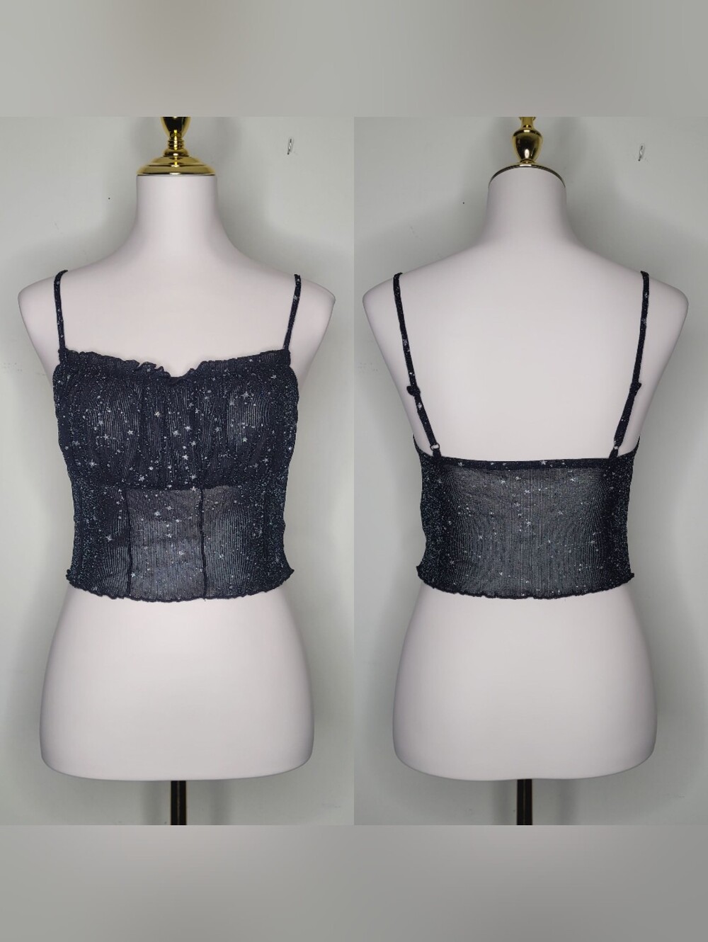 Sz L Black Mesh Sheer Crop Top Cami Celestial Stars Glitter Whimsical Fairy Dust